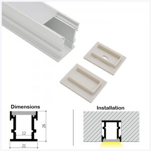 ALU-LR2126 Series Mounting Aluminum Channel Kit - Recessed Installation - For Strips Up To 12mm - 1m / 2m