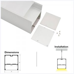 ALU-LS7575 Series Mounting Aluminum Channel Kit - Pendant Installation - For Strips Up To 62mm - 1m / 2m